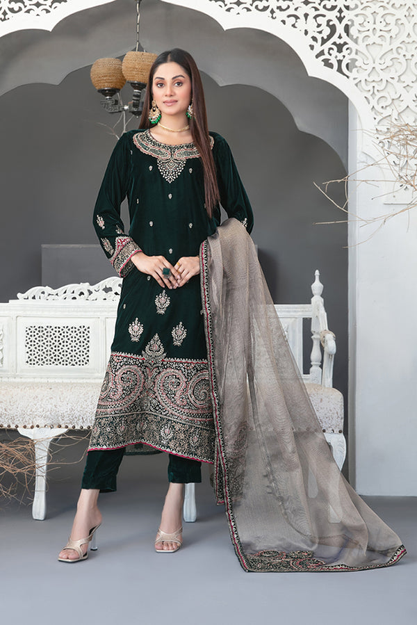 Embroidered Velvet 3 Piece Suit - Green