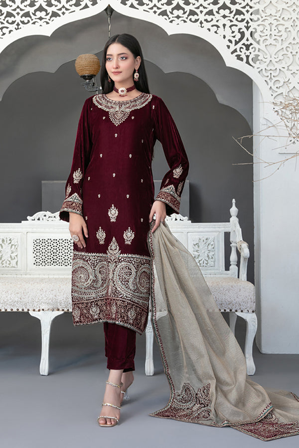 Embroidered Velvet 3 Piece Suit - Maroon