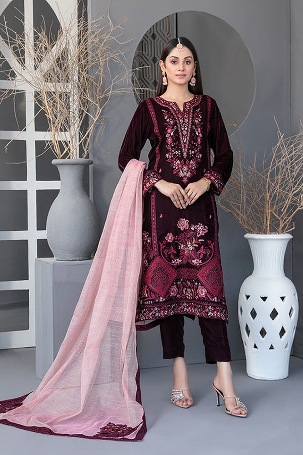 Embroidered Velvet 3 Piece Suit - Dark Maroon