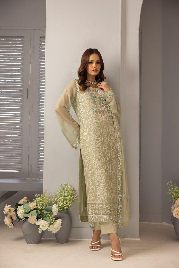 3 PIECE - READY TO WEAR EMBROIDERED CHIFFON SUIT - Jays Boutique