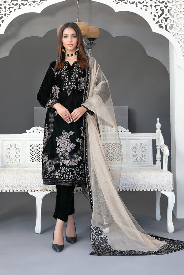 Embroidered Velvet 3 Piece Suit - Black