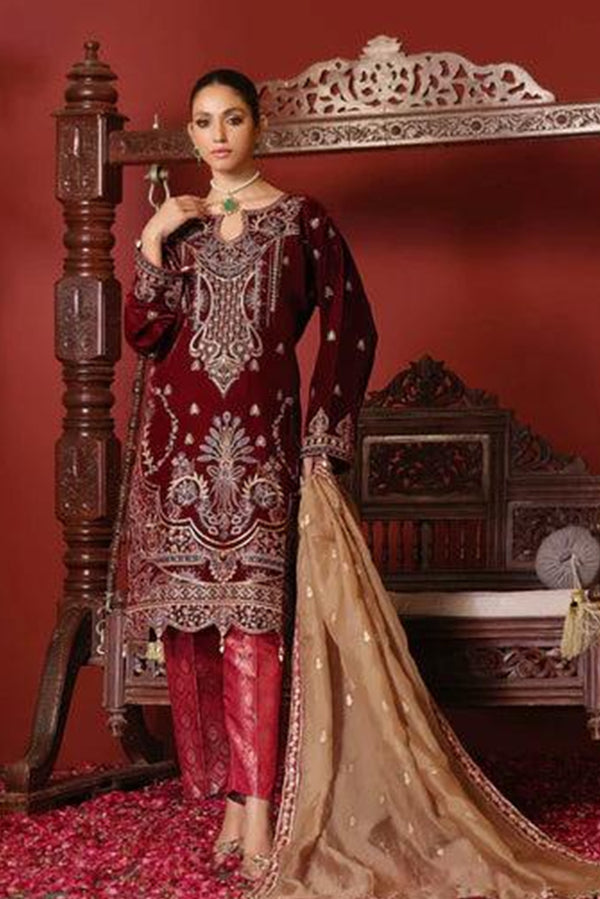 3 PIECE -  EMBROIDERED VELVET SUIT - MAROON