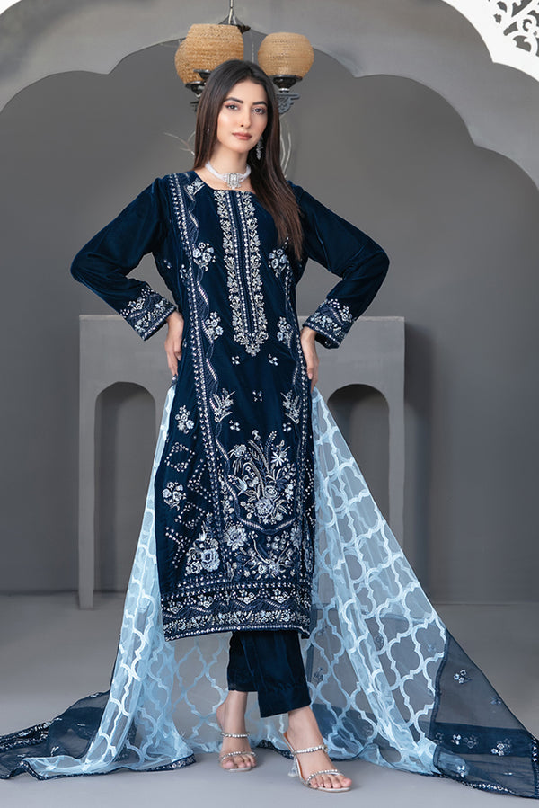 Embroidered Velvet 3 Piece Suit - Royal Blue