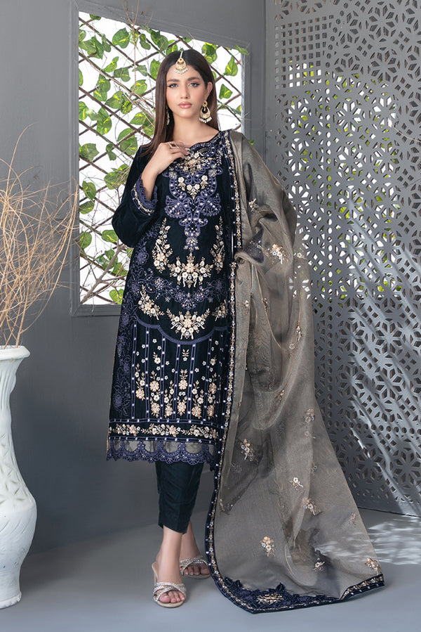 Embroidered Velvet 3 Piece Suit - Blue