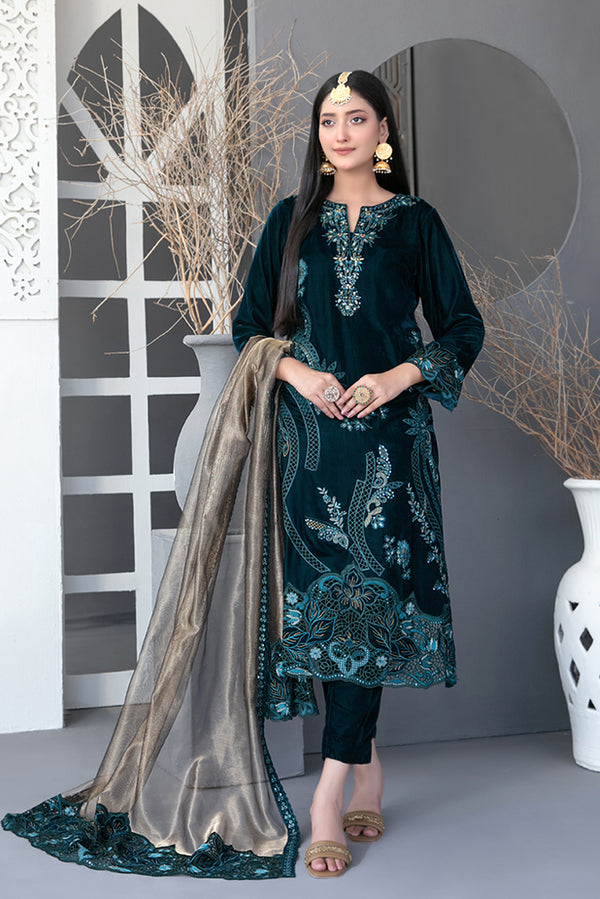 Stitched 3 Piece Luxury Embroidered Velvet Suit