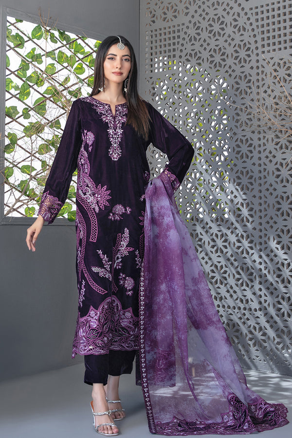 Embroidered Velvet 3 Piece Suit - Purple